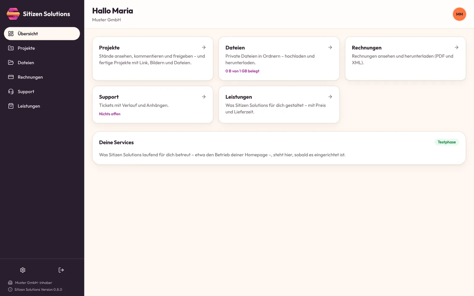 Kundenportal von Sitizen Solutions: Übersicht mit Projekten, Dateien, Rechnungen, Support und Leistungen.